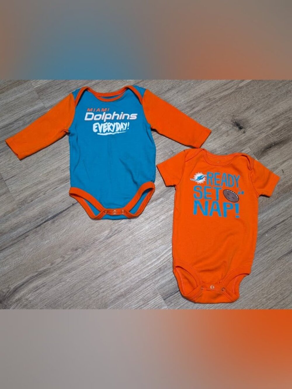 NFL Miami Dolphins Football Orange & Teal Baby One-Piece Bodysuits Bundle 6/9M